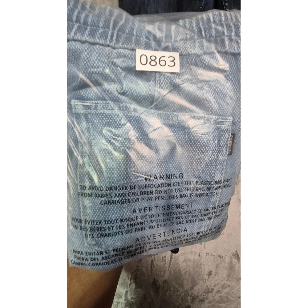Peacebird Mens Blue Denim Cargo Shorts Elastic Waist Shark Bottom Patch 34